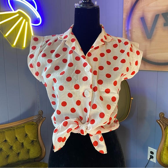 Vintage Tops - Vintage 80s Dig It Polka Dot Tie Front Blouse